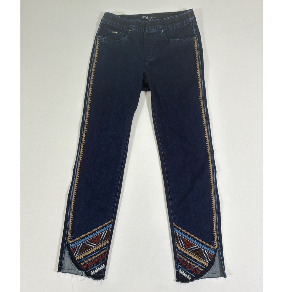 FDJ French Dressing Jeans Dark Indigo Embroidered Raw Tulip Hem Jeggings Size 8